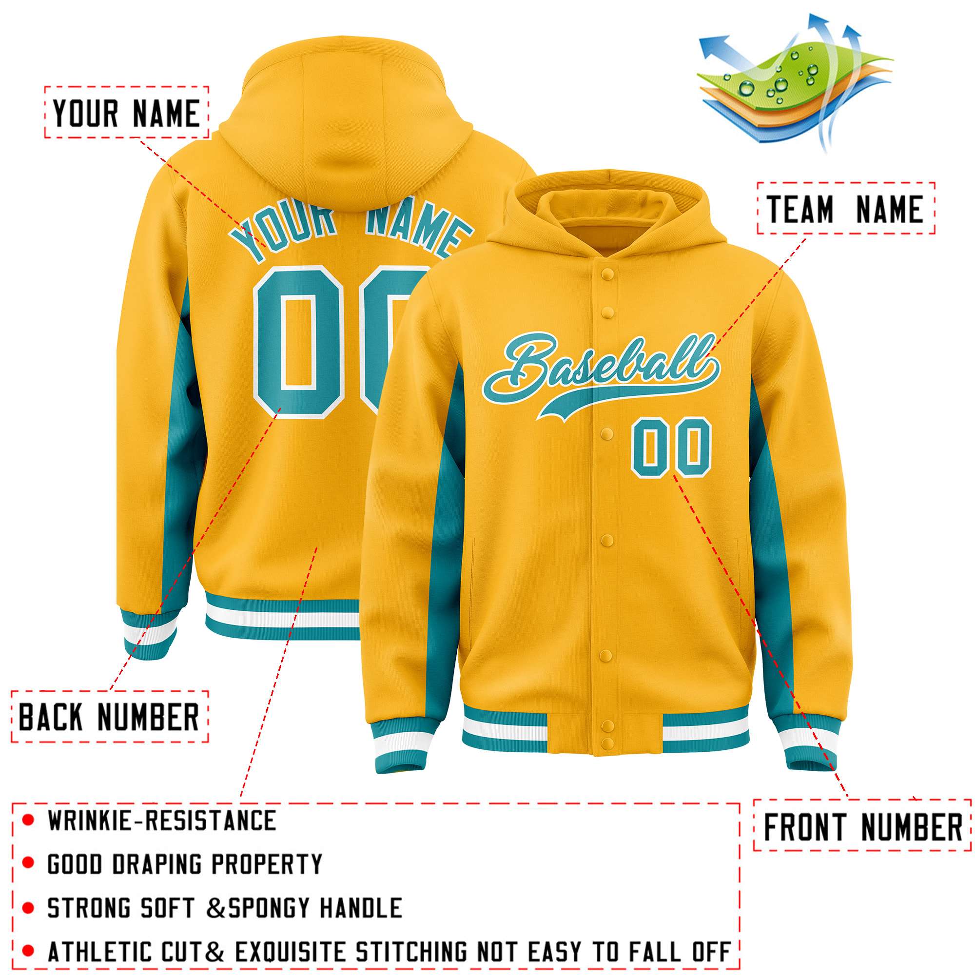 Custom Gold Aqua Color Block Varsity Full-Snap Letterman Hoodie Jacket