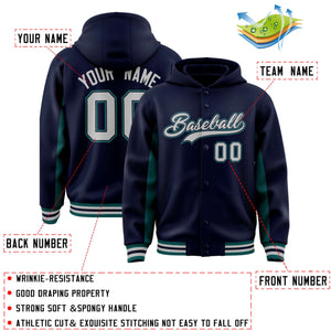 Custom Navy Aqua Color Block Varsity Full-Snap Letterman Hoodie Jacket