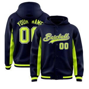 Custom Navy Neon Green Color Block Varsity Full-Snap Letterman Hoodie Jacket