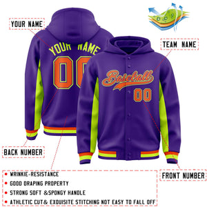 Custom Purple Neon Green Color Block Varsity Full-Snap Letterman Hoodie Jacket