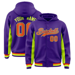 Custom Purple Neon Green Color Block Varsity Full-Snap Letterman Hoodie Jacket