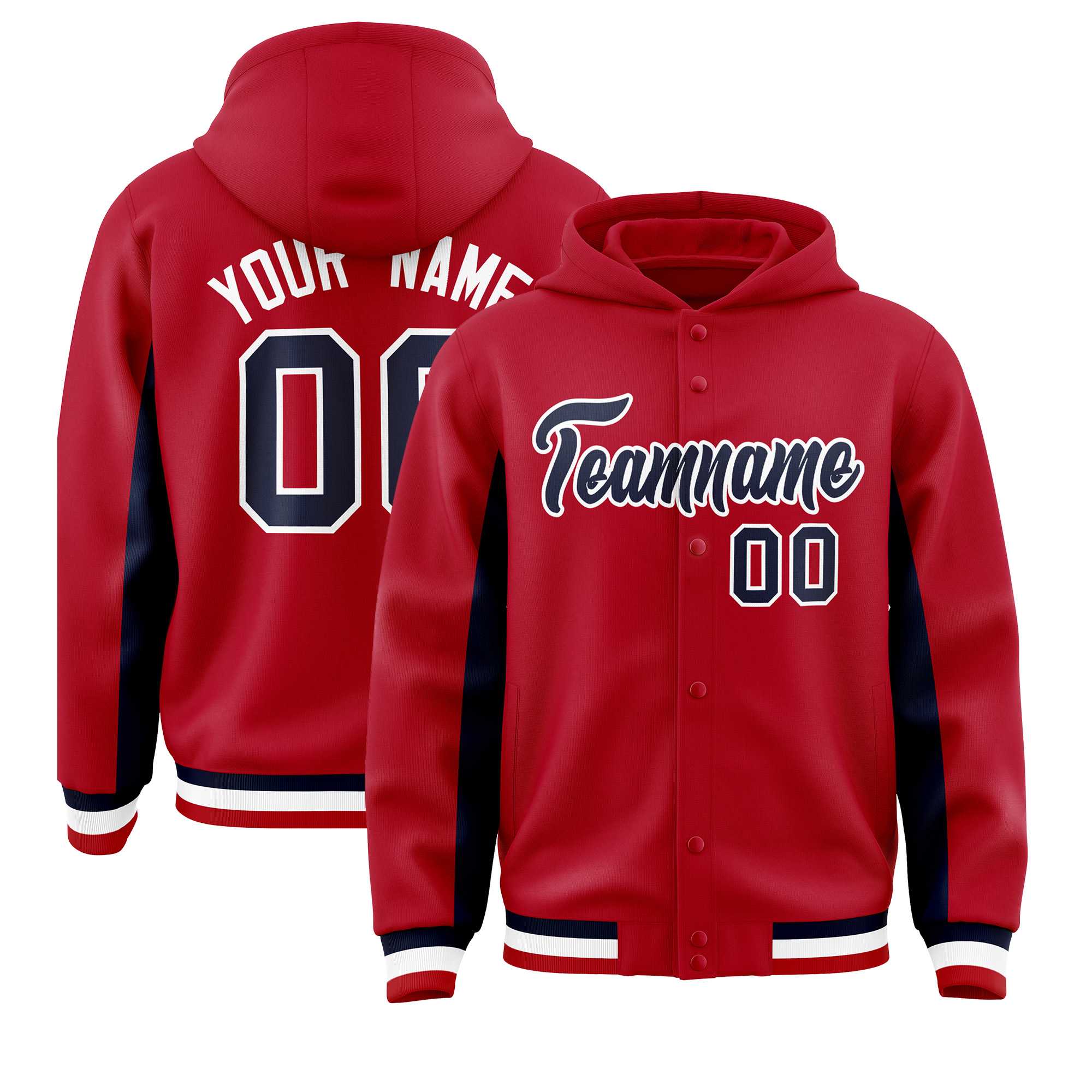 Custom Red Navy Color Block Varsity Full-Snap Letterman Hoodie Jacket