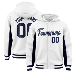 Custom White Navy Color Block Varsity Full-Snap Letterman Hoodie Jacket