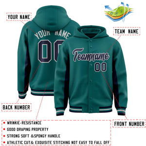 Custom Aqua Navy Color Block Varsity Full-Snap Letterman Hoodie Jacket