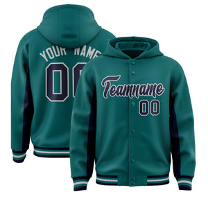 Custom Aqua Navy Color Block Varsity Full-Snap Letterman Hoodie Jacket