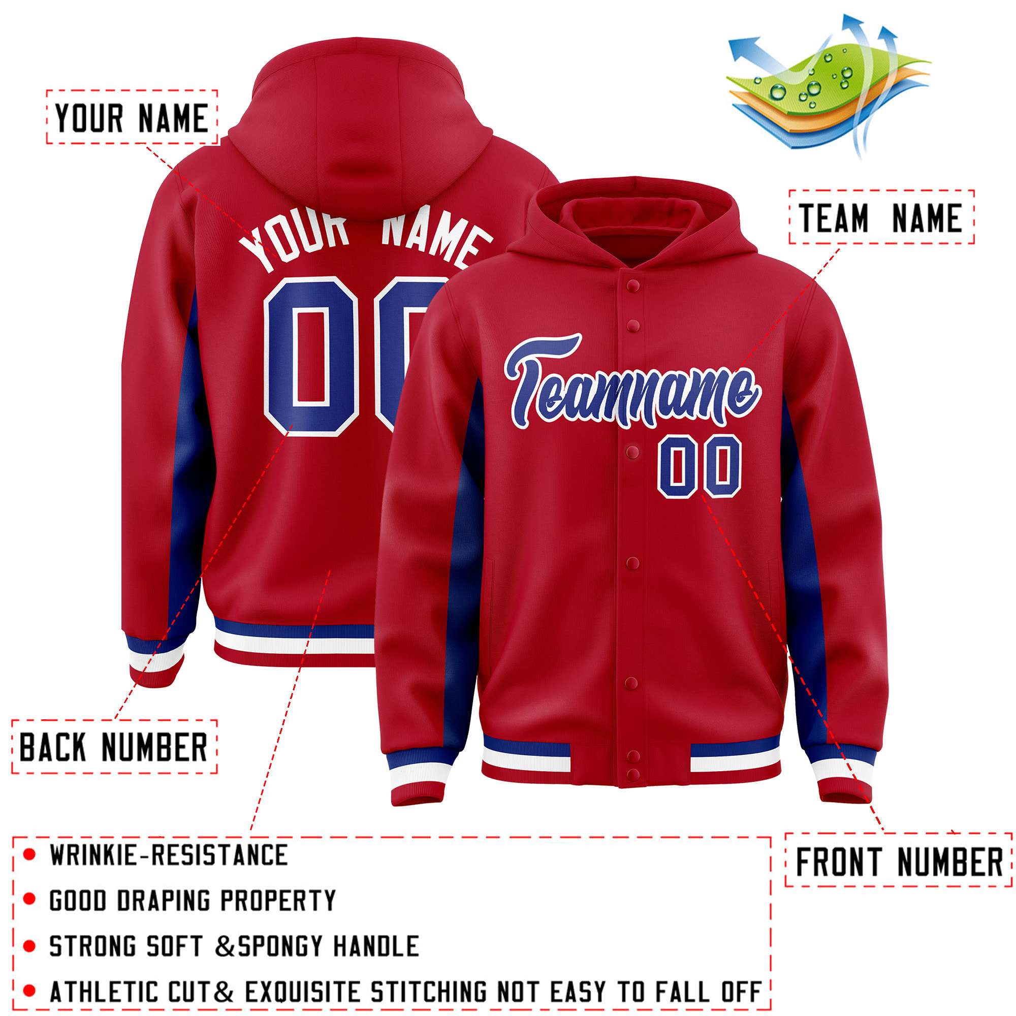 Custom Red Royal Color Block Varsity Full-Snap Letterman Hoodie Jacket