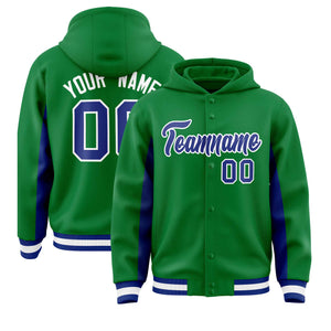 Custom Kelly Green Royal Color Block Varsity Full-Snap Letterman Hoodie Jacket