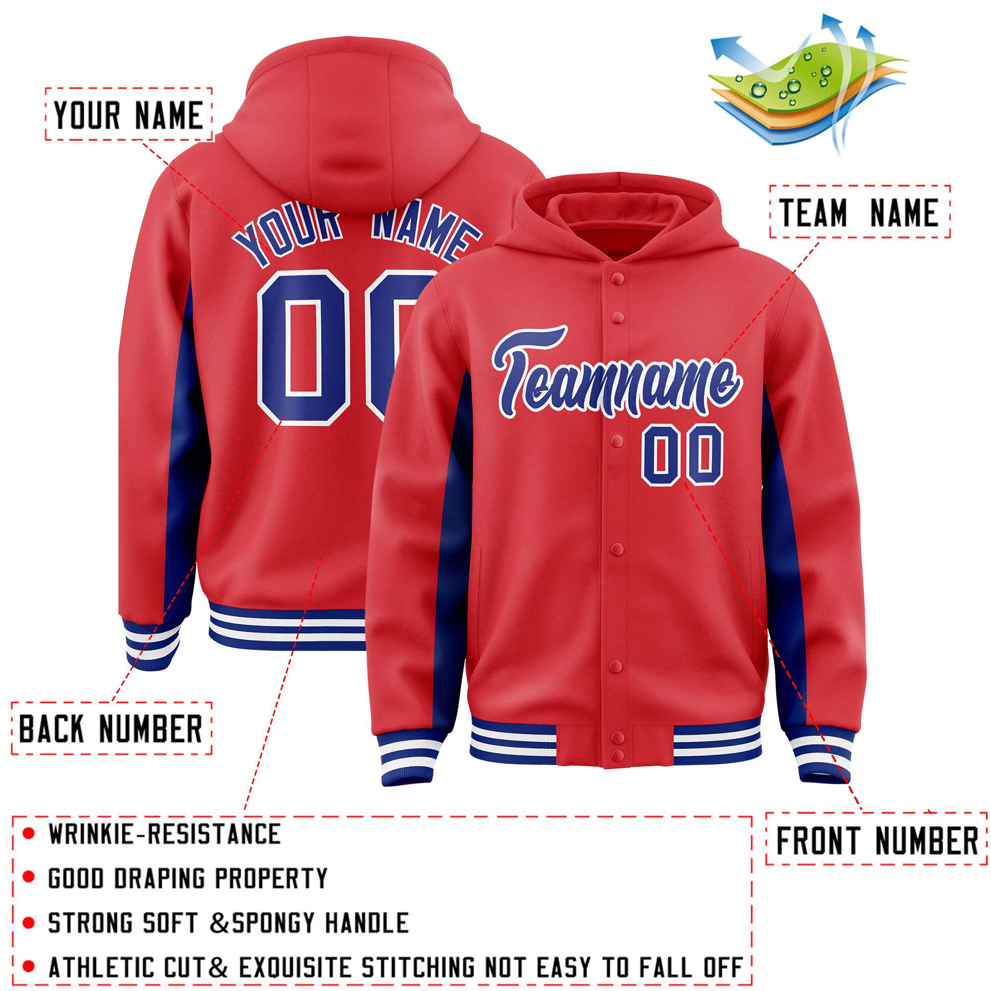 Custom Light Red Royal Color Block Varsity Full-Snap Letterman Hoodie Jacket