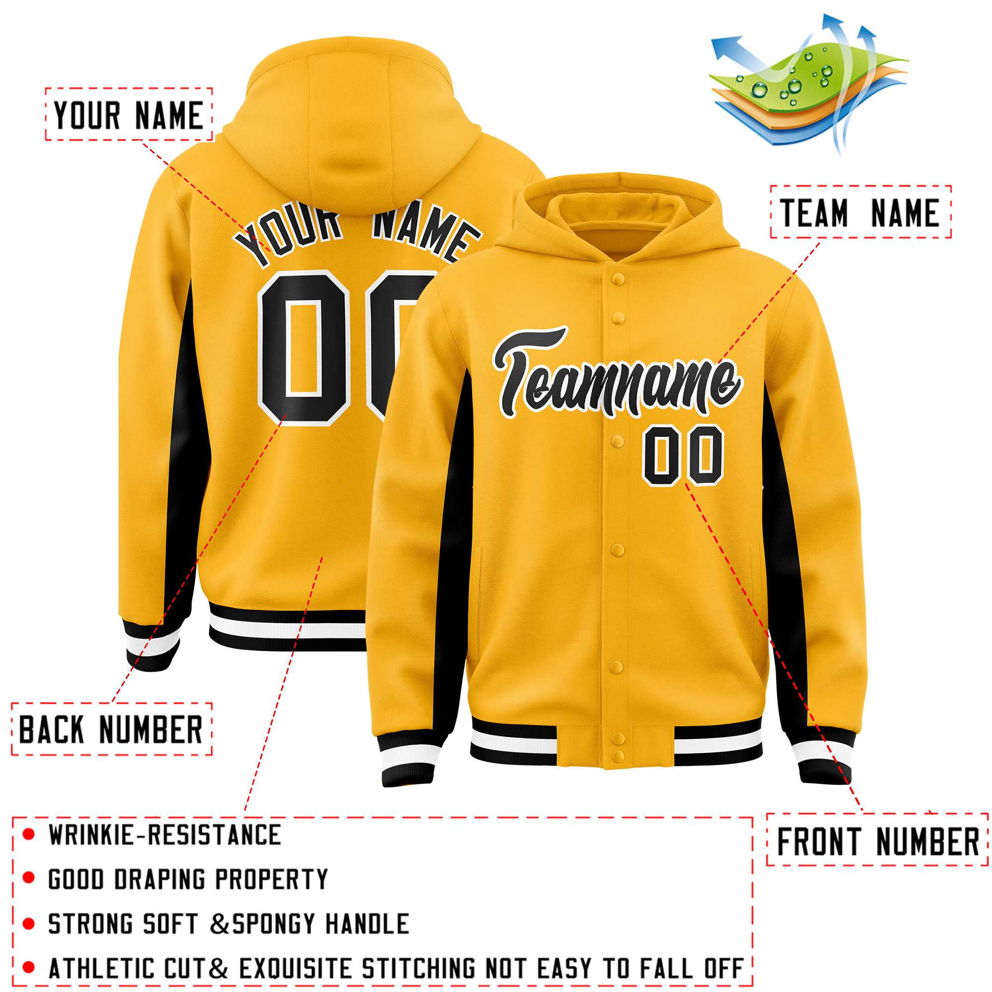 Custom Gold Black Color Block Varsity Full-Snap Letterman Hoodie Jacket