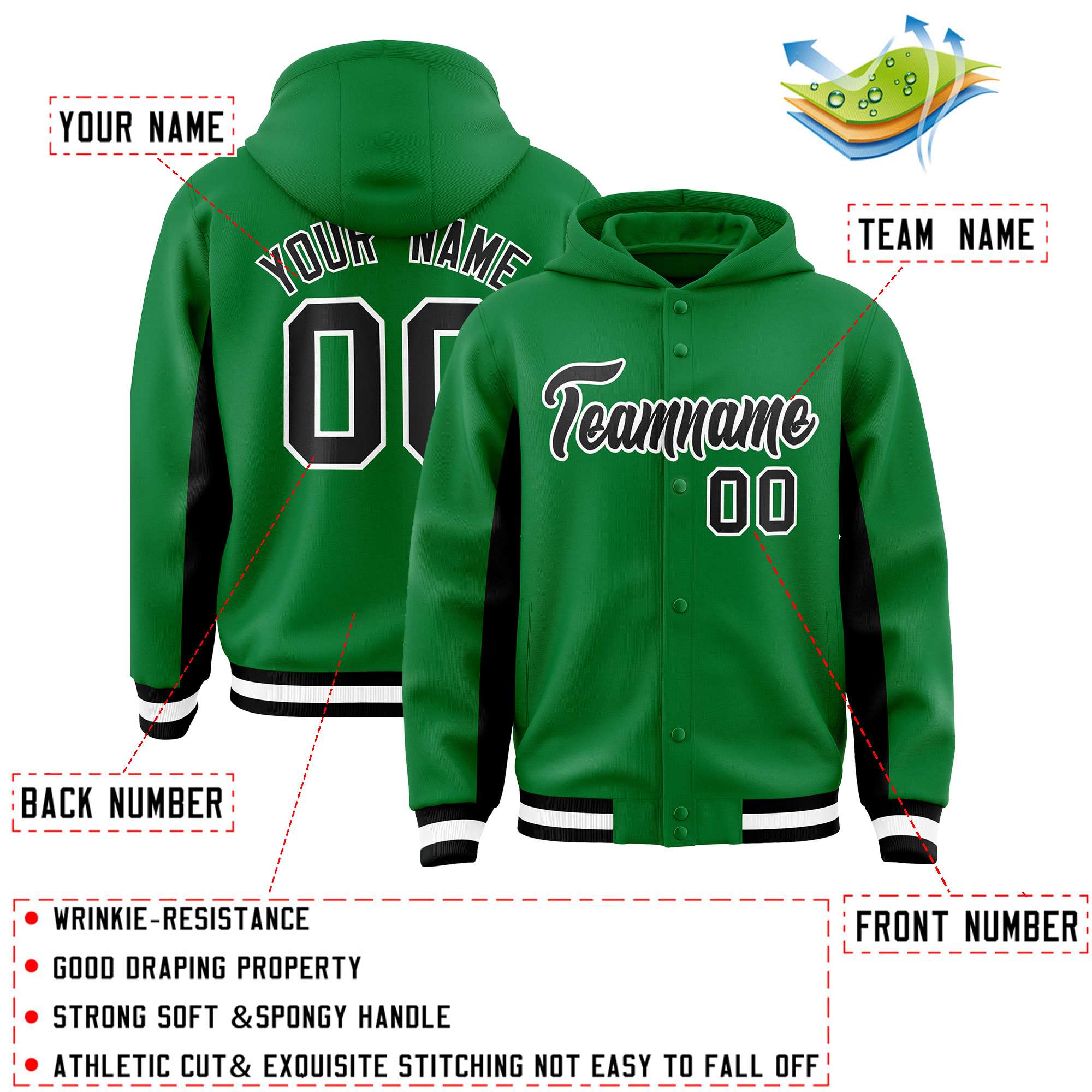 Custom Kelly Green Black Color Block Varsity Full-Snap Letterman Hoodie Jacket