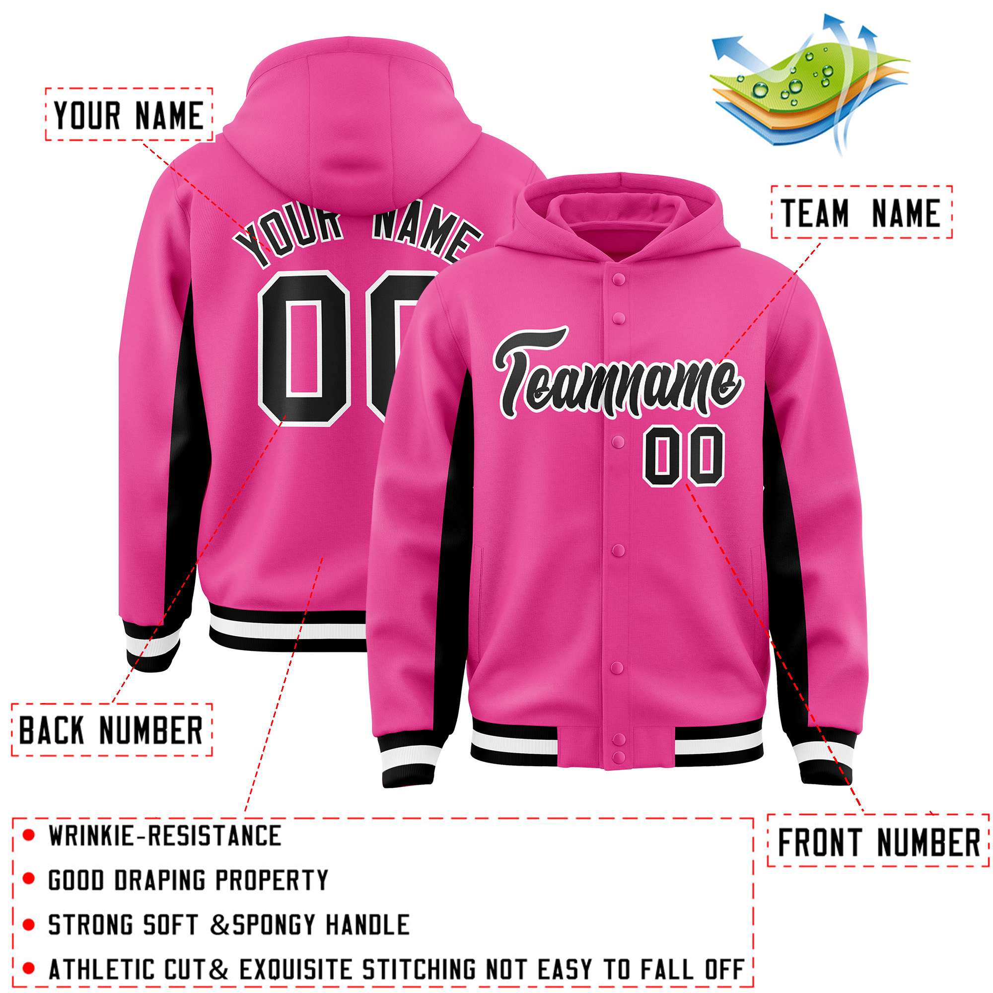 Custom Pink Black Color Block Varsity Full-Snap Letterman Hoodie Jacket