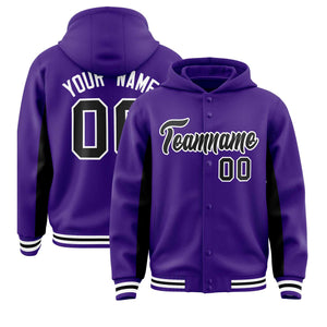 Custom Purple Black Color Block Varsity Full-Snap Letterman Hoodie Jacket