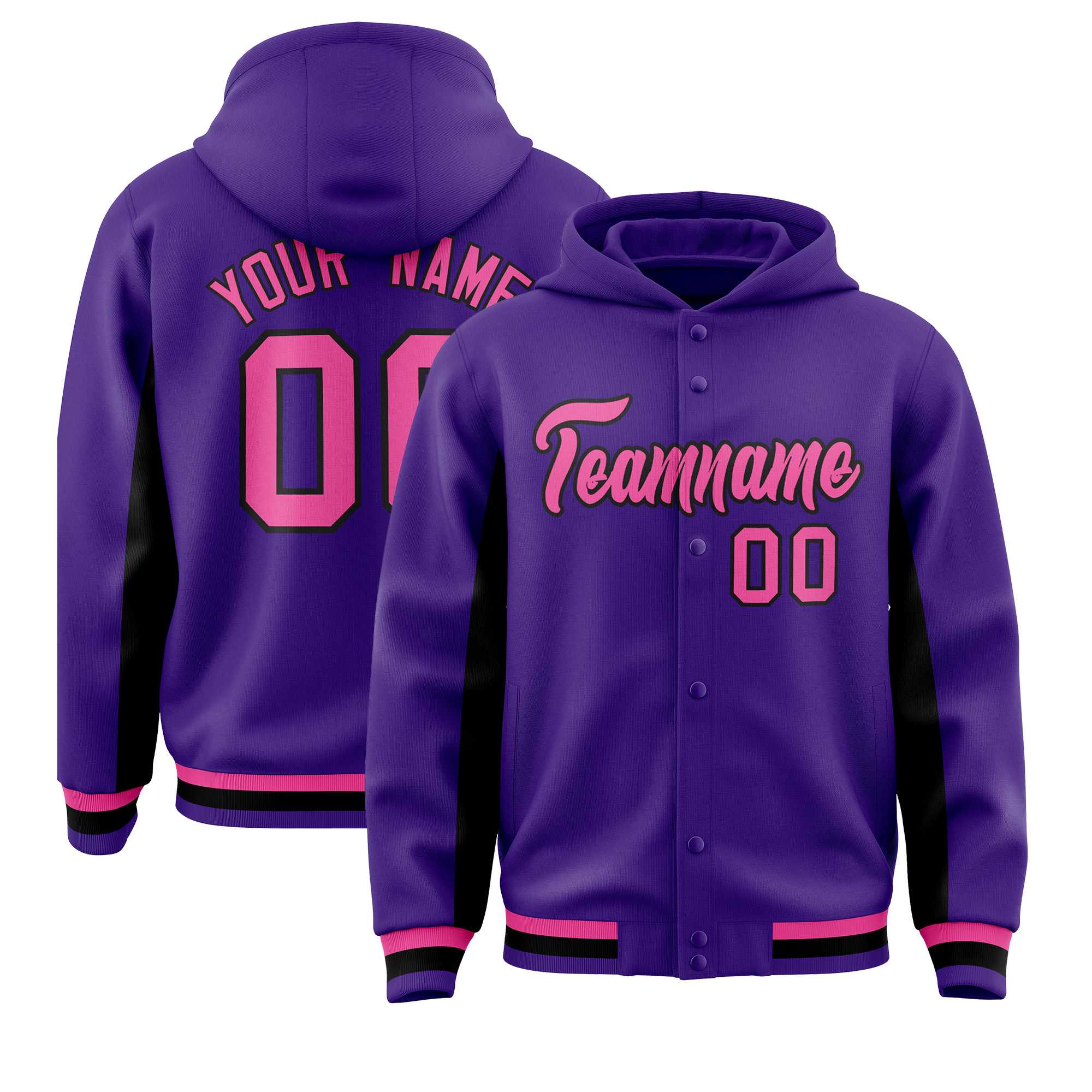 Custom Purple Black Color Block Varsity Full-Snap Letterman Hoodie Jacket