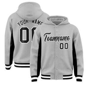 Custom Gray Black Color Block Varsity Full-Snap Letterman Hoodie Jacket