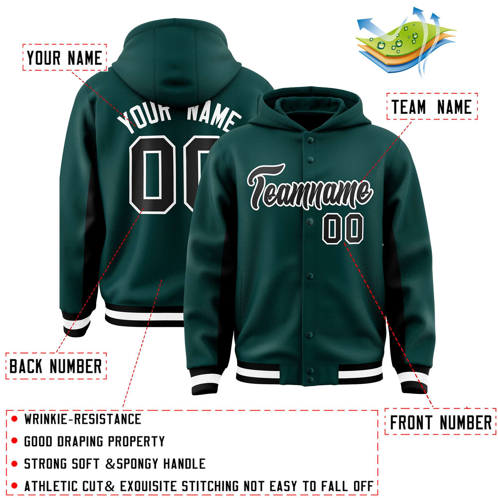 Custom Midnight Green Black Color Block Varsity Full-Snap Letterman Hoodie Jacket