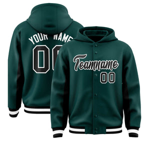 Custom Midnight Green Black Color Block Varsity Full-Snap Letterman Hoodie Jacket