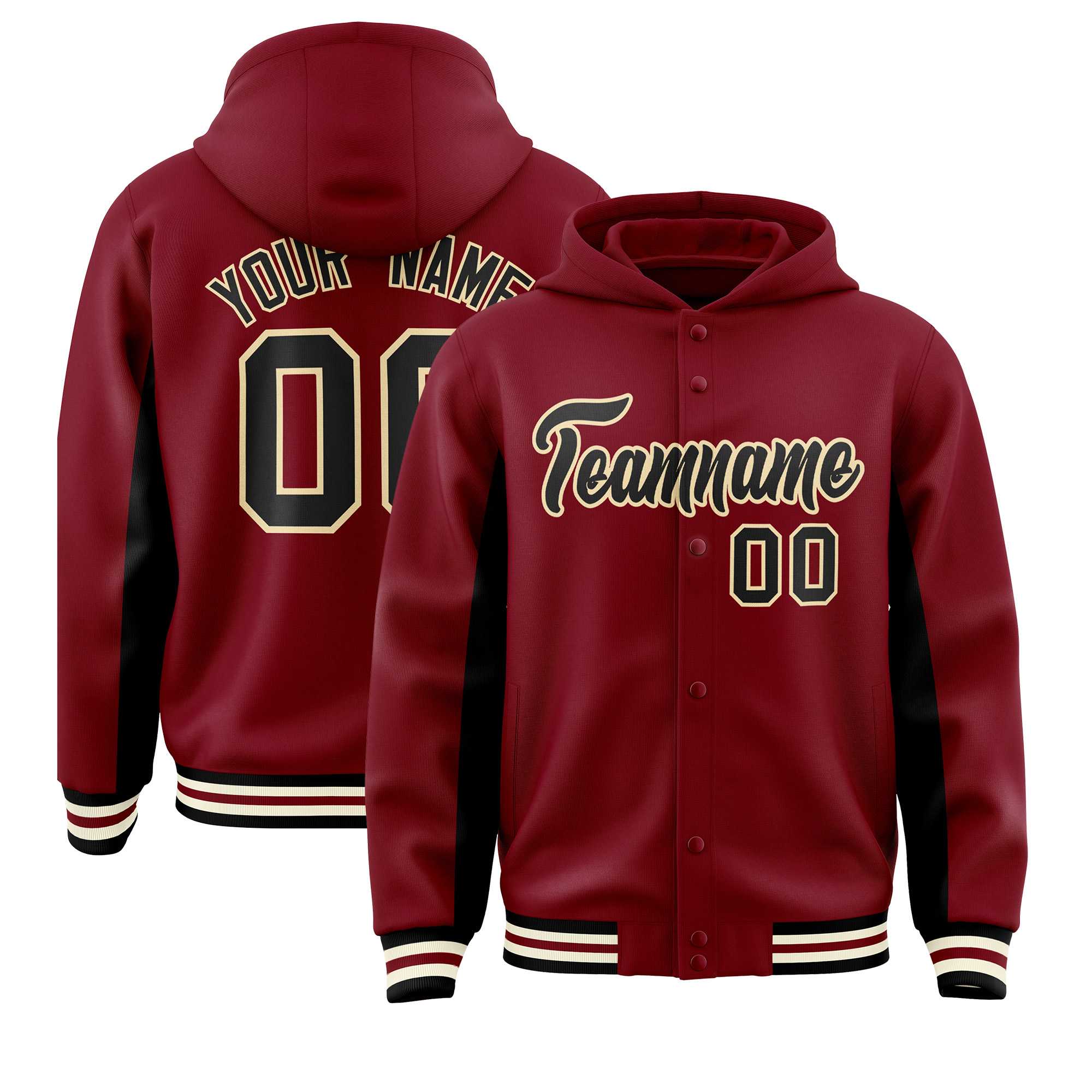 Custom Crimson Black Color Block Varsity Full-Snap Letterman Hoodie Jacket