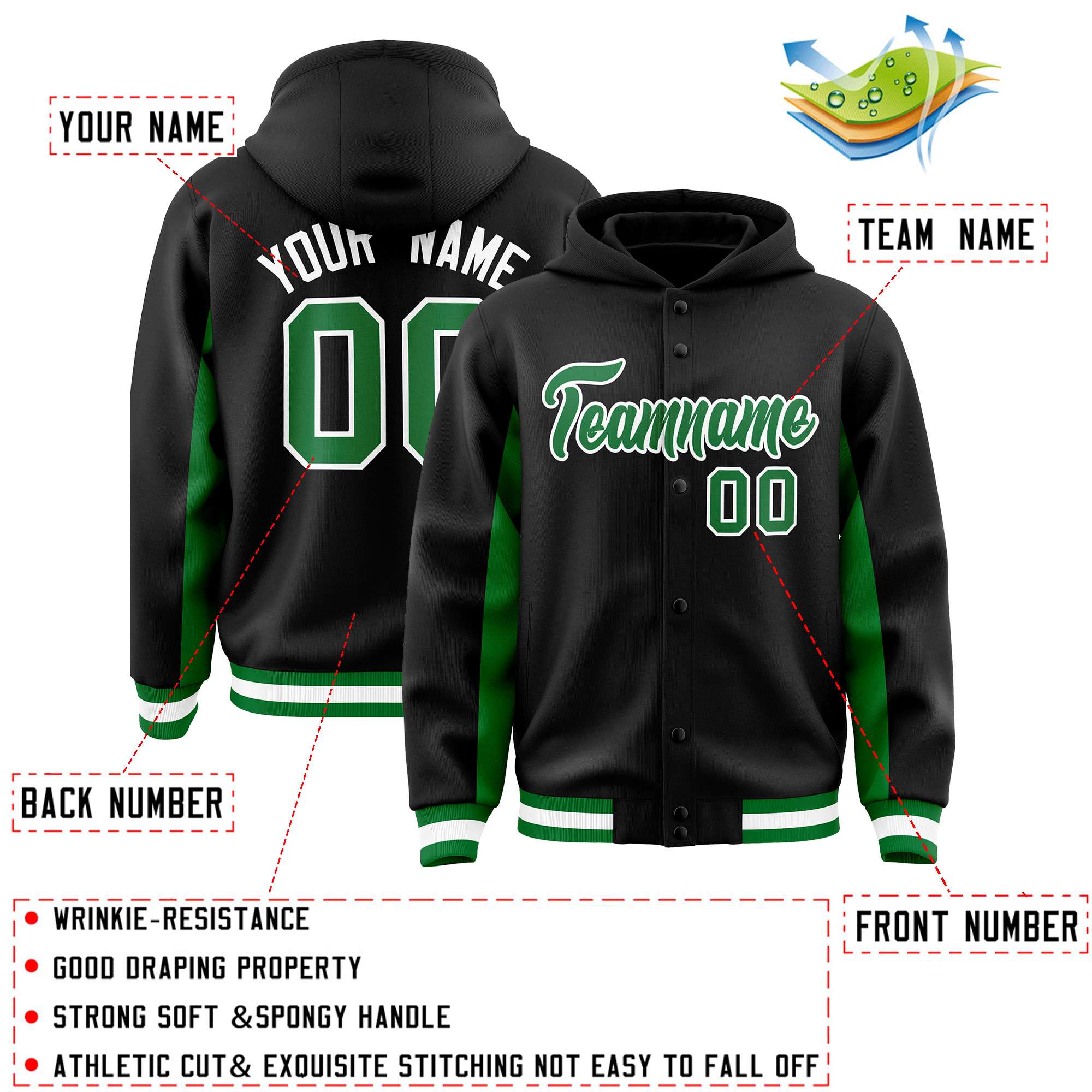 Custom Black Kelly Green Color Block Varsity Full-Snap Letterman Hoodie Jacket