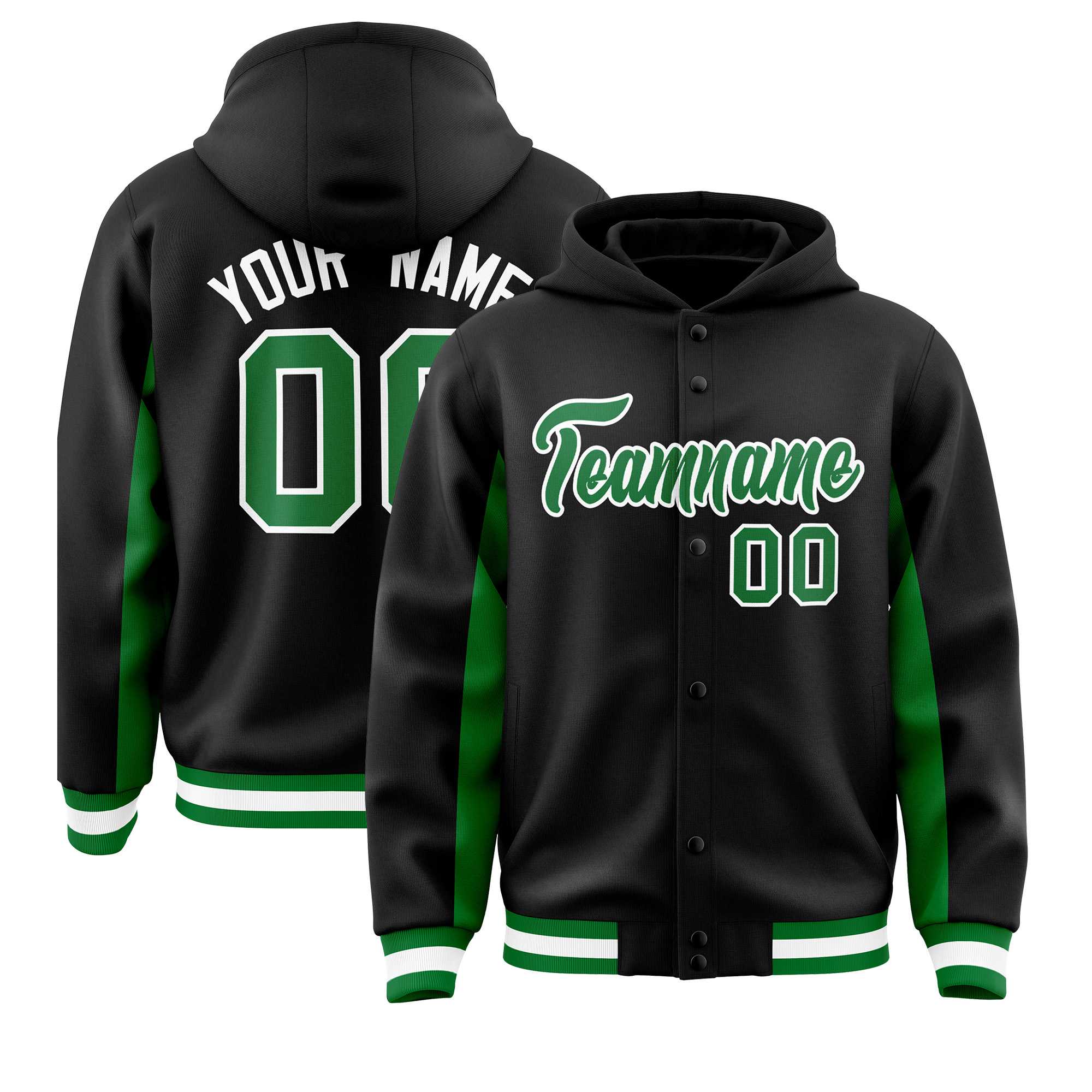 Custom Black Kelly Green Color Block Varsity Full-Snap Letterman Hoodie Jacket