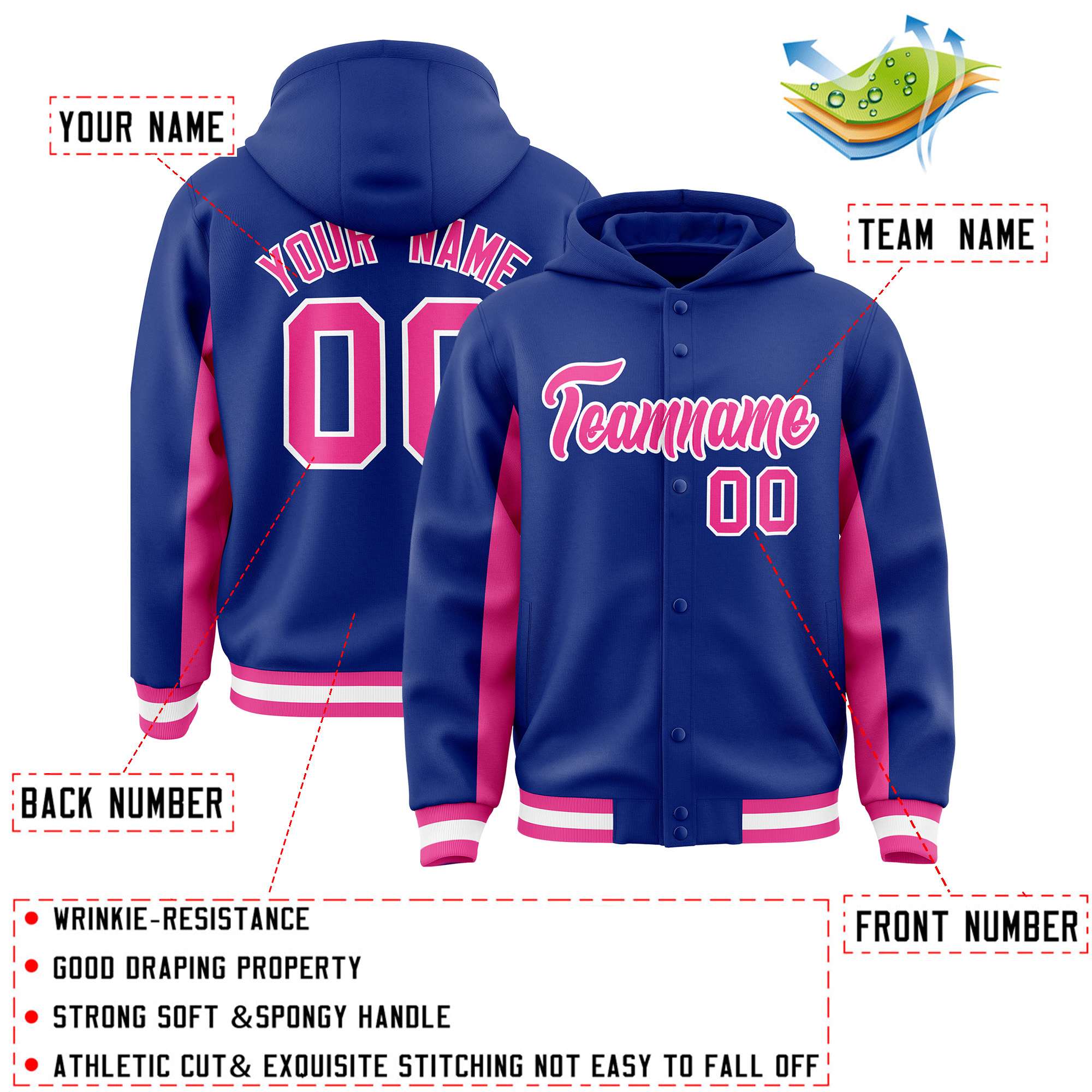 Custom Royal Pink Color Block Varsity Full-Snap Letterman Hoodie Jacket