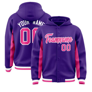 Custom Purple Pink Color Block Varsity Full-Snap Letterman Hoodie Jacket