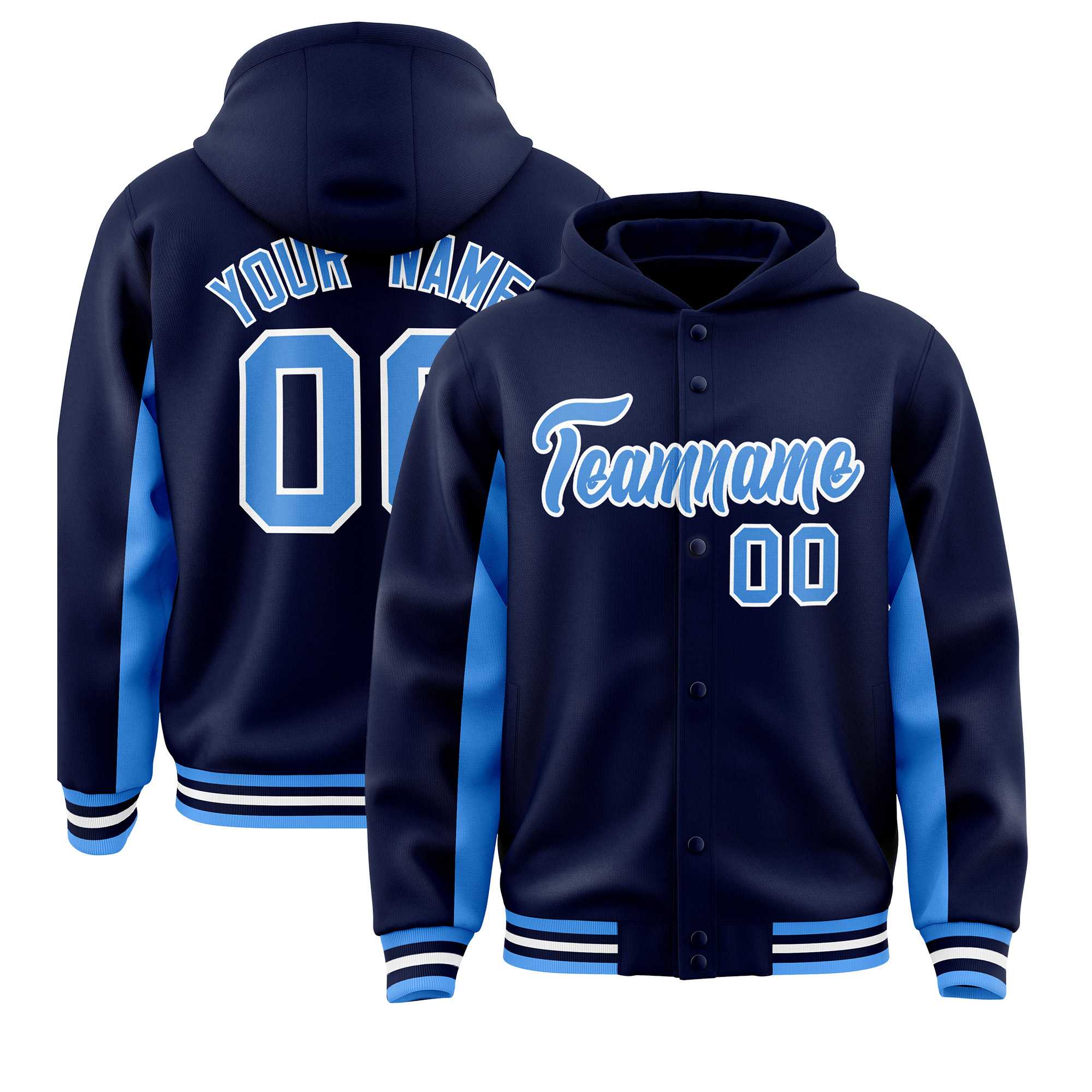 Custom Navy Powder Blue Color Block Varsity Full-Snap Letterman Hoodie Jacket