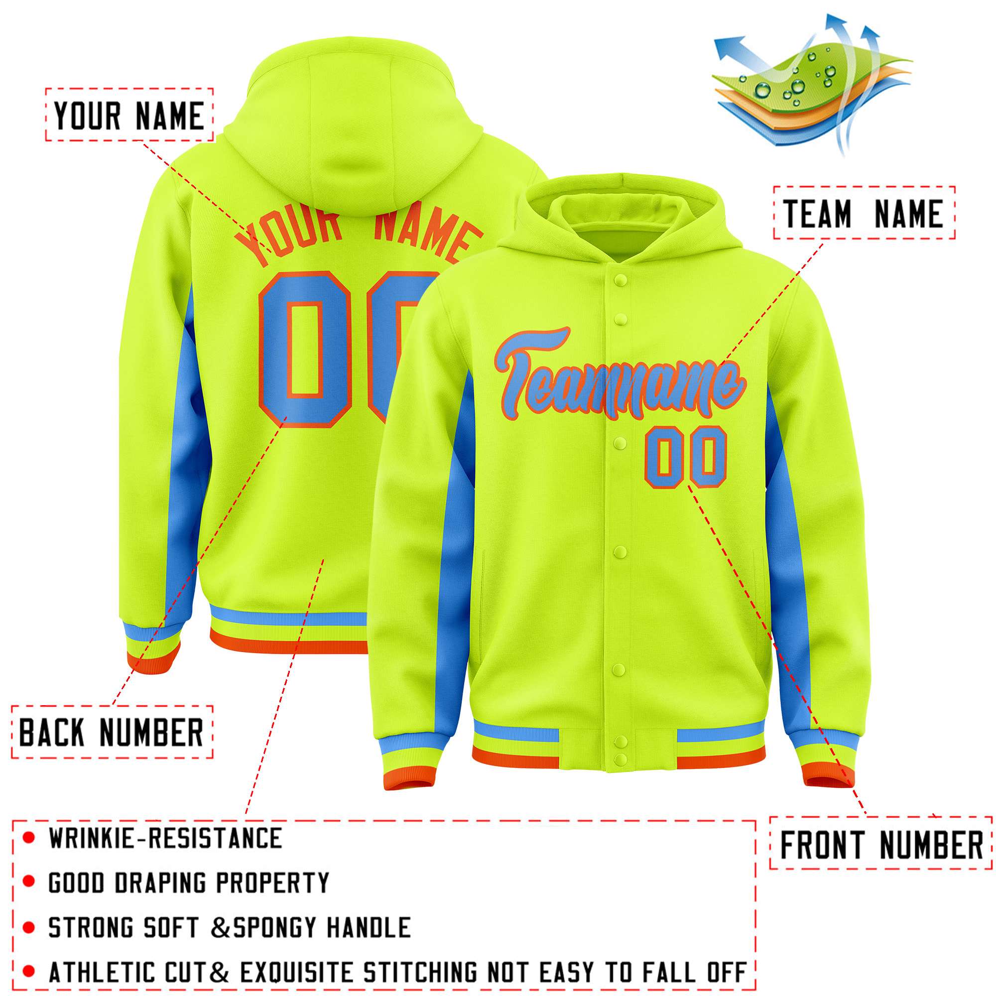 Custom Neon Green Powder Blue Color Block Varsity Full-Snap Letterman Hoodie Jacket