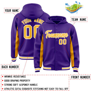 Custom Purple Gold Color Block Varsity Full-Snap Letterman Hoodie Jacket