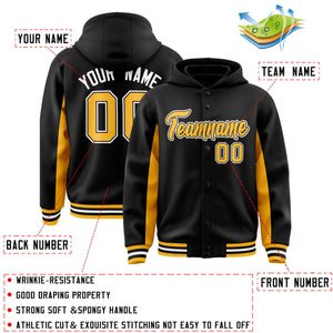 Custom Black Gold Color Block Varsity Full-Snap Letterman Hoodie Jacket