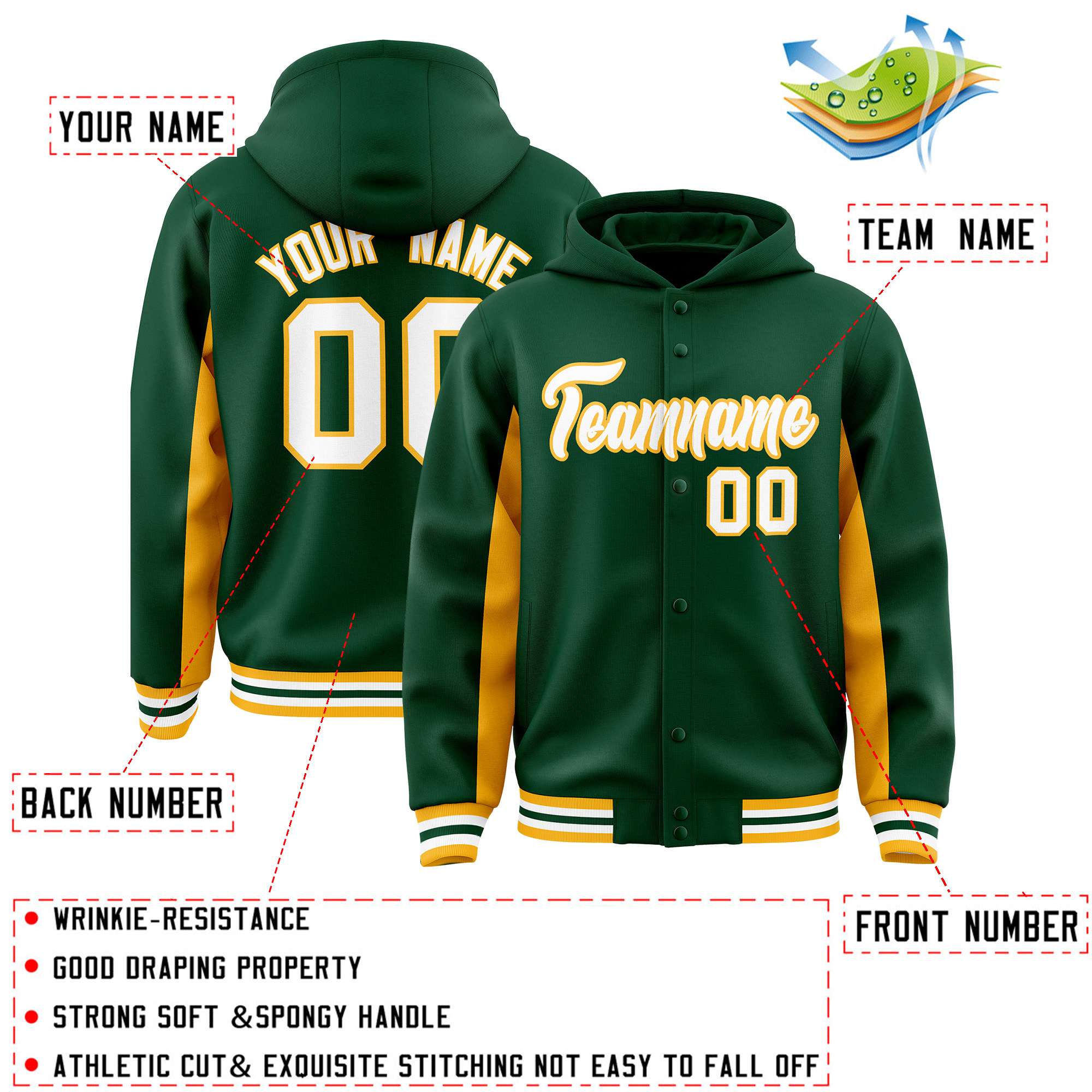 Custom Green Gold Color Block Varsity Full-Snap Letterman Hoodie Jacket