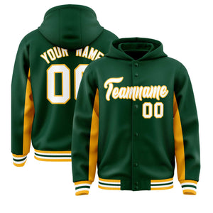 Custom Green Gold Color Block Varsity Full-Snap Letterman Hoodie Jacket