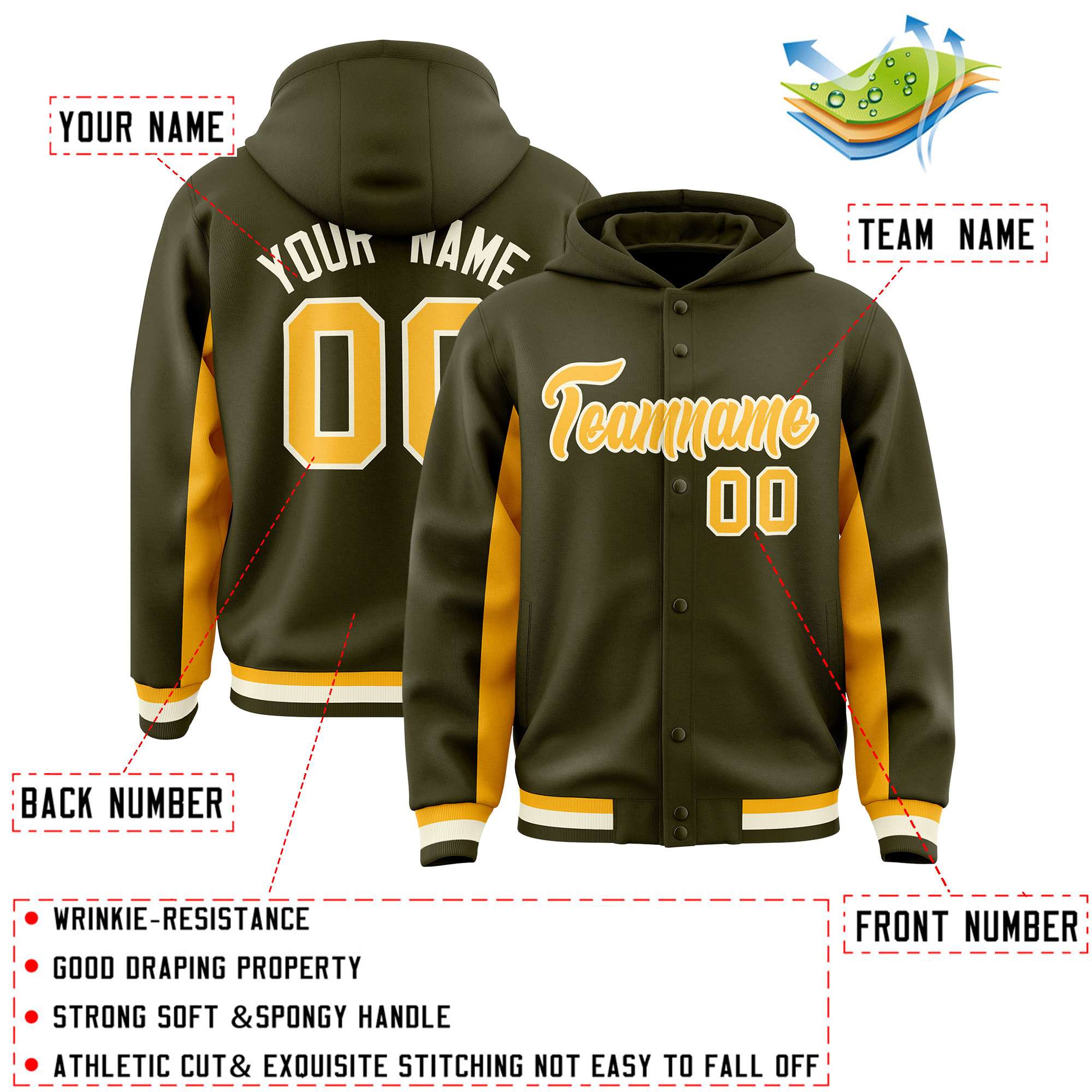 Custom Olive Gold Color Block Varsity Full-Snap Letterman Hoodie Jacket