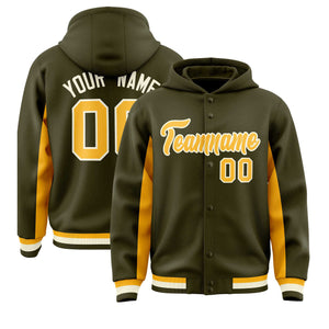 Custom Olive Gold Color Block Varsity Full-Snap Letterman Hoodie Jacket