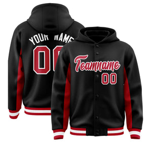 Custom Black Red Color Block Varsity Full-Snap Letterman Hoodie Jacket