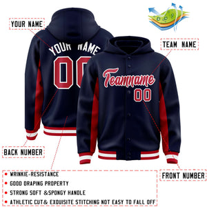 Custom Navy Red Color Block Varsity Full-Snap Letterman Hoodie Jacket