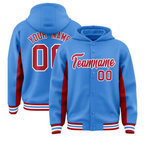 Custom Powder Blue Red Color Block Varsity Full-Snap Letterman Hoodie Jacket