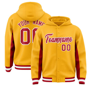 Custom Gold Red Color Block Varsity Full-Snap Letterman Hoodie Jacket