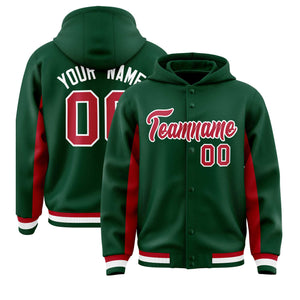 Custom Green Red Color Block Varsity Full-Snap Letterman Hoodie Jacket