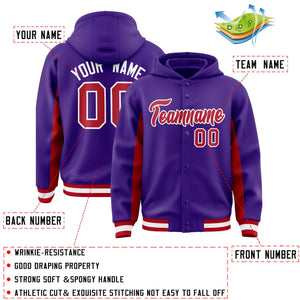 Custom Purple Red Color Block Varsity Full-Snap Letterman Hoodie Jacket