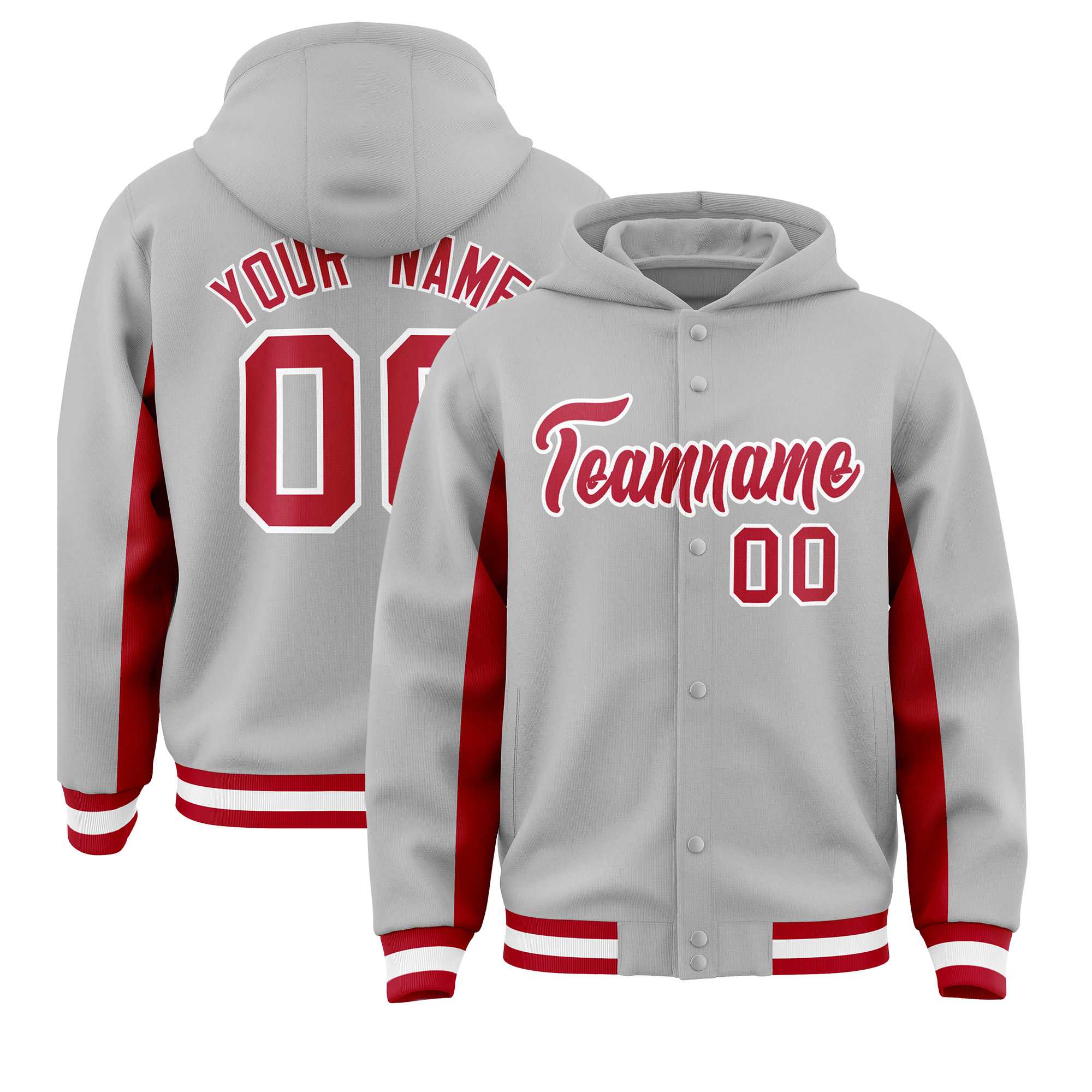 Custom Gray Red Color Block Varsity Full-Snap Letterman Hoodie Jacket