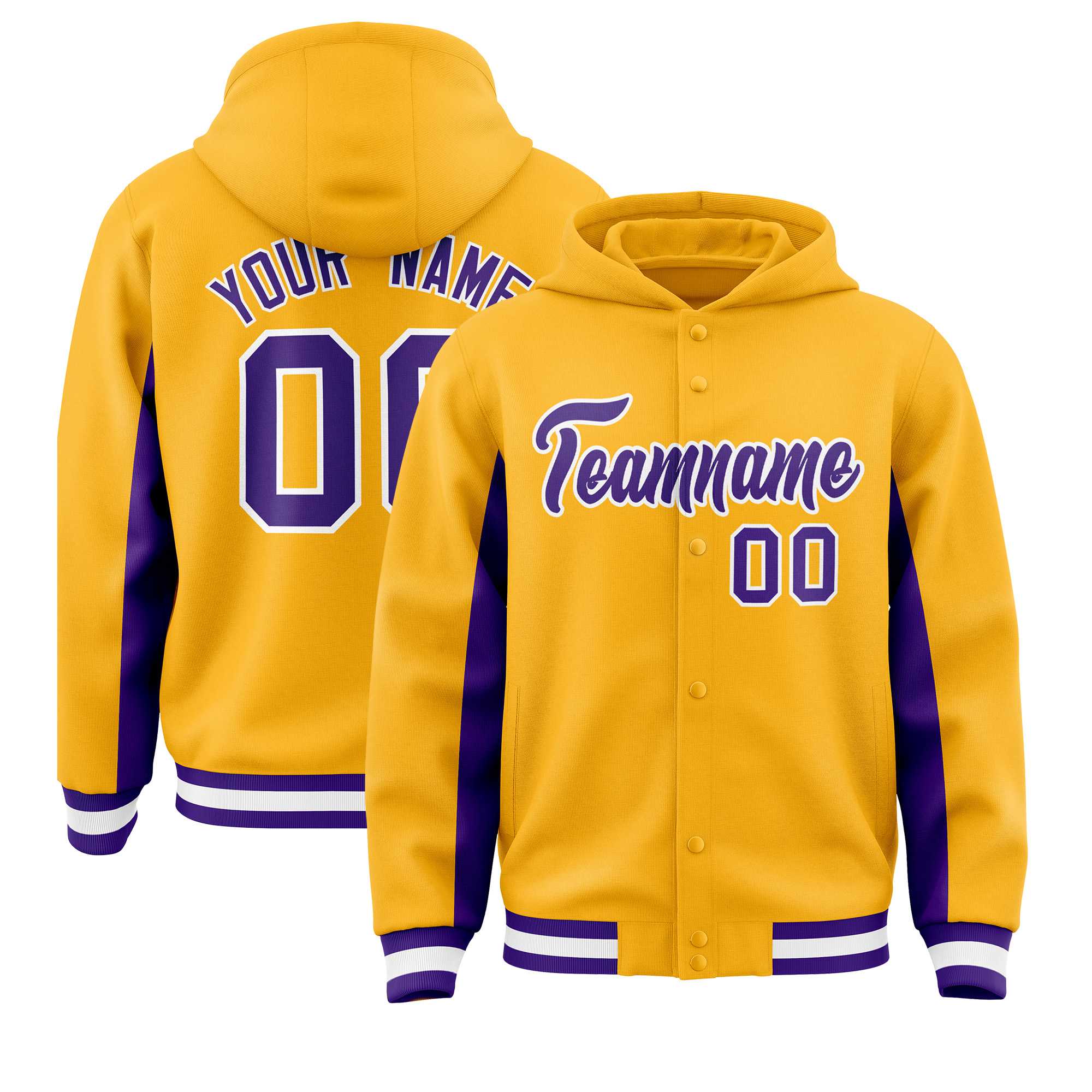 Custom Gold Purple Color Block Varsity Full-Snap Letterman Hoodie Jacket