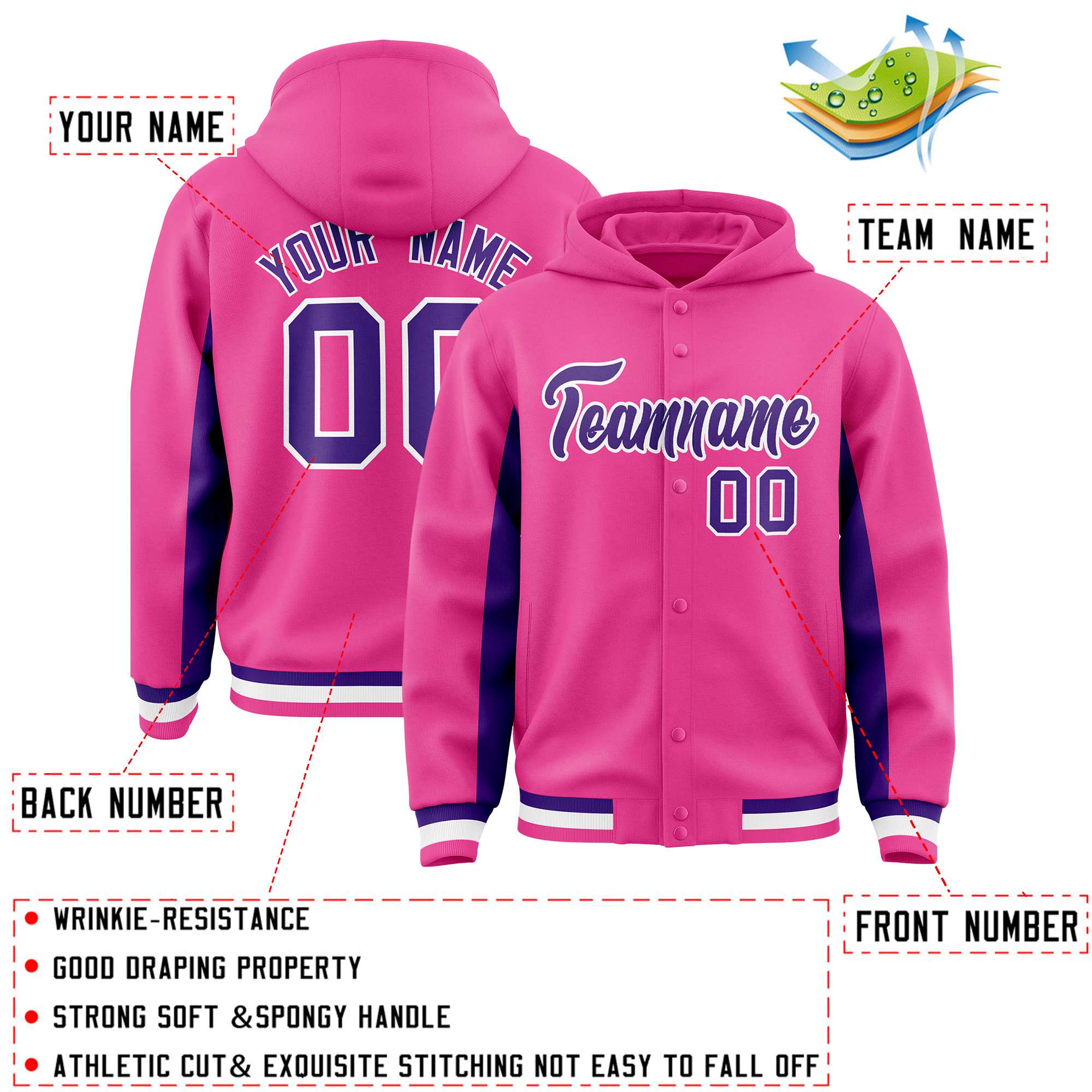 Custom Pink Purple Color Block Varsity Full-Snap Letterman Hoodie Jacket