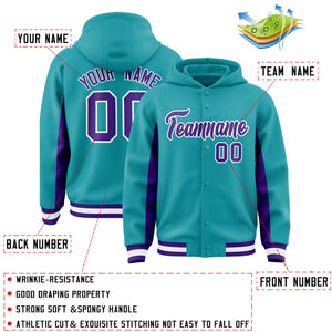 Custom Aqua Purple Color Block Varsity Full-Snap Letterman Hoodie Jacket