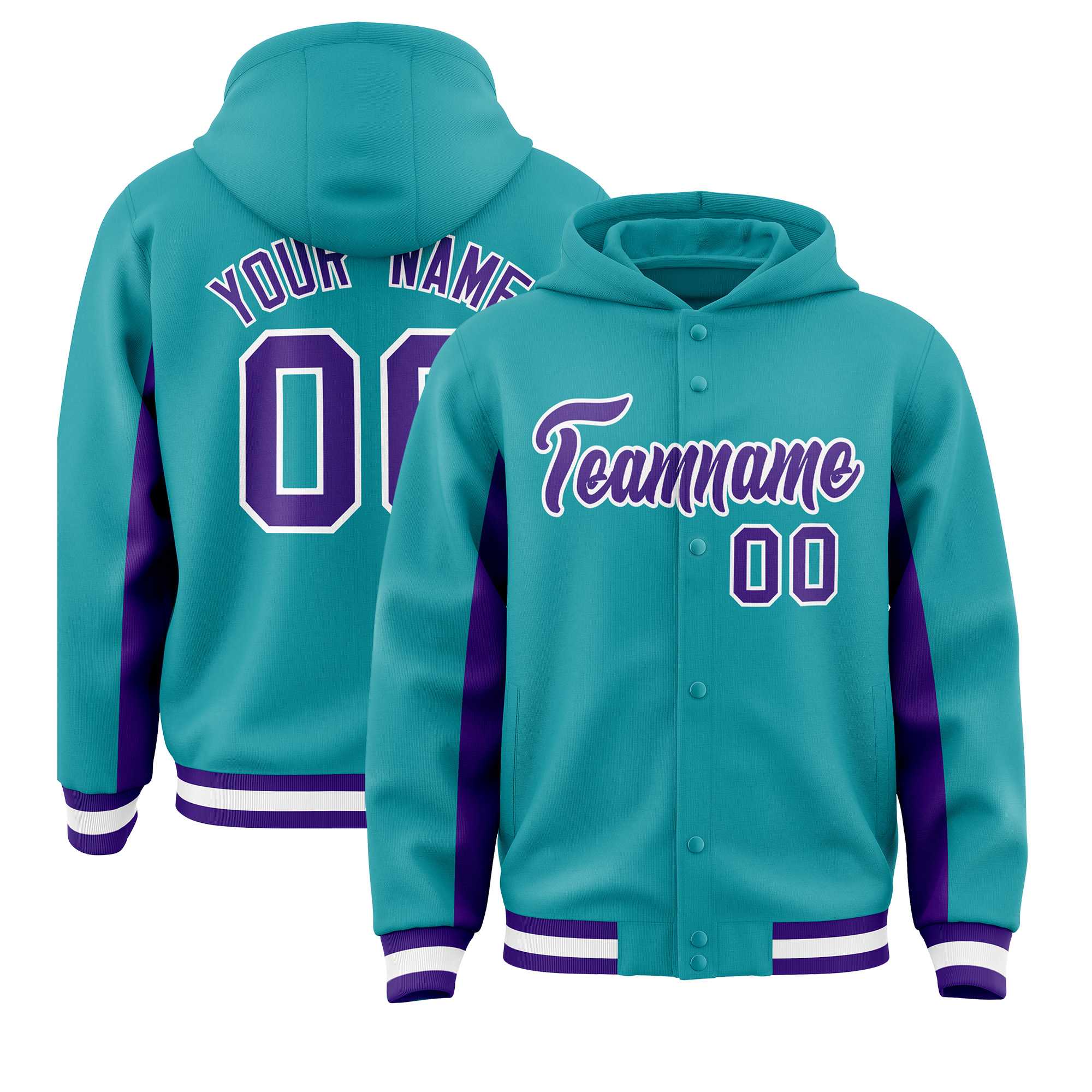 Custom Aqua Purple Color Block Varsity Full-Snap Letterman Hoodie Jacket