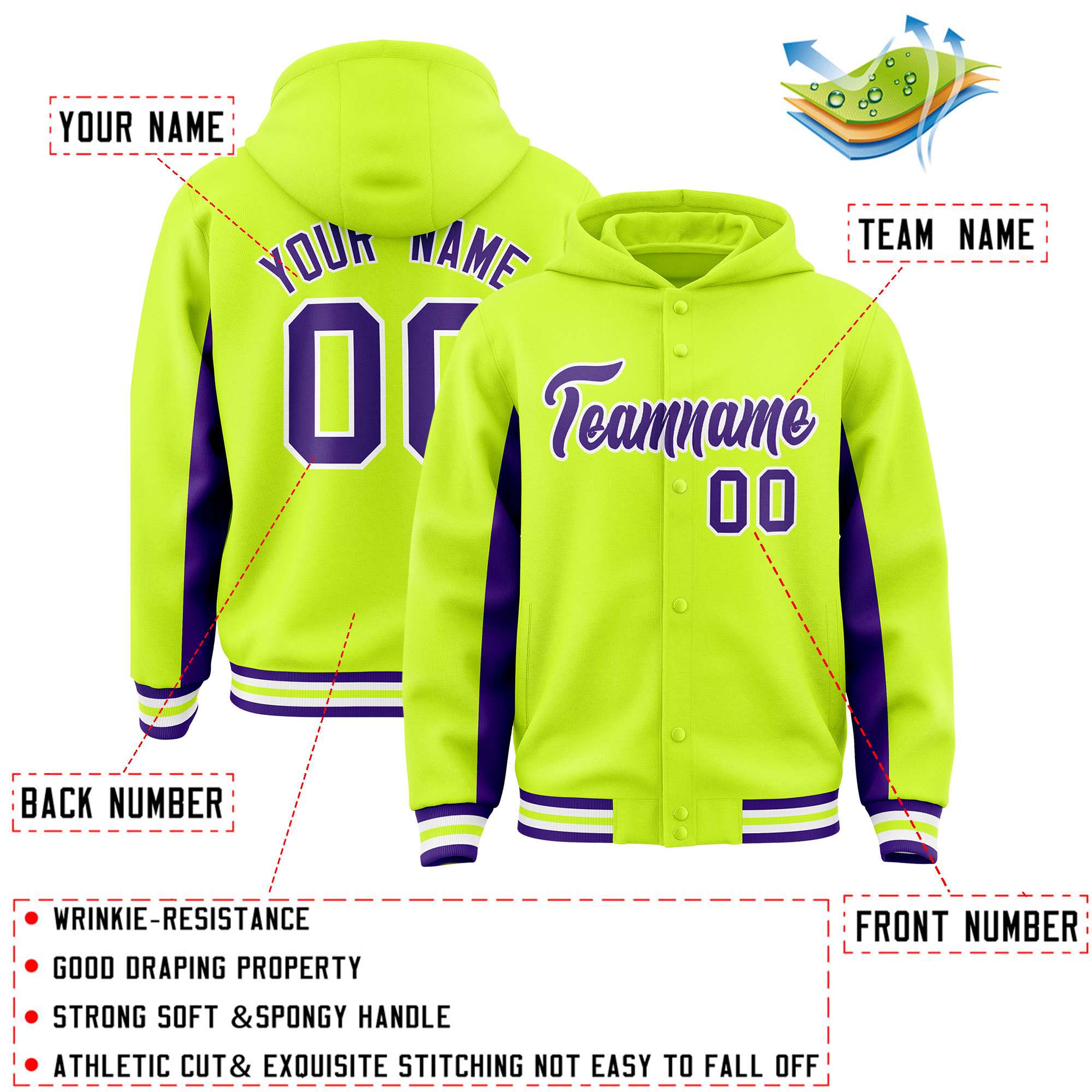 Custom Neon Green Purple Color Block Varsity Full-Snap Letterman Hoodie Jacket