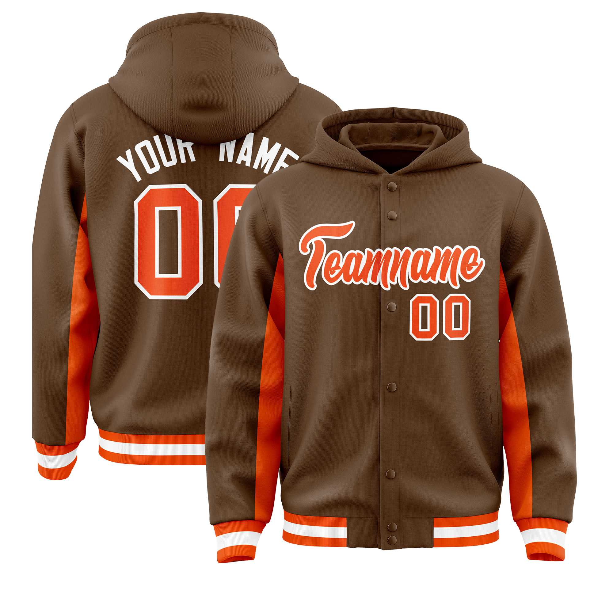 Custom Light Brown Orange Color Block Varsity Full-Snap Letterman Hoodie Jacket