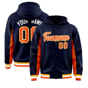 Custom Navy Orange Color Block Varsity Full-Snap Letterman Hoodie Jacket