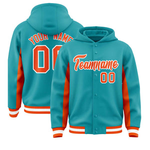 Custom Aqua Orange Color Block Varsity Full-Snap Letterman Hoodie Jacket