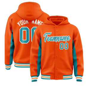 Custom Orange Aqua Color Block Varsity Full-Snap Letterman Hoodie Jacket