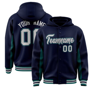 Custom Navy Aqua Color Block Varsity Full-Snap Letterman Hoodie Jacket